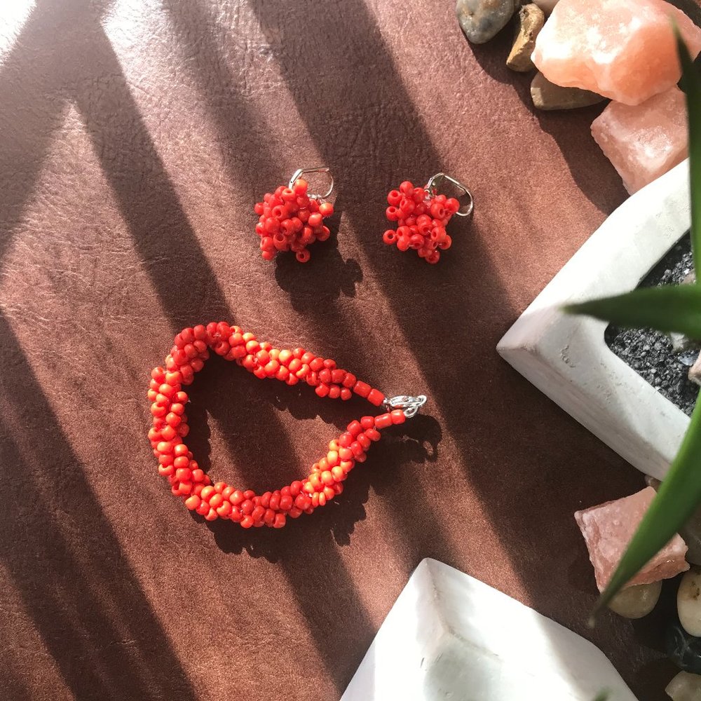 -Handmade Vibrant Orange Bracelet & Earring Set
